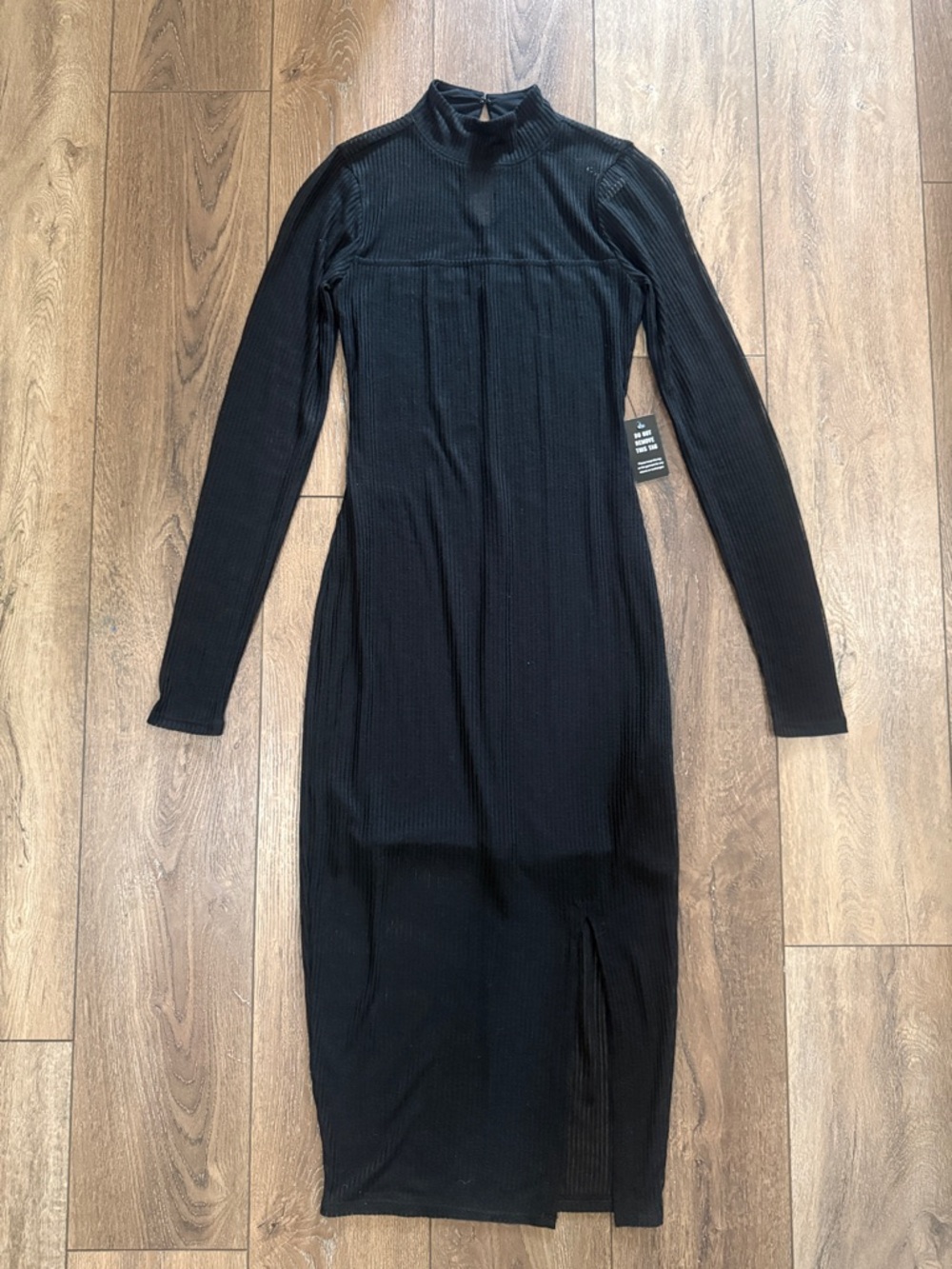 Express Black Ribbed Long-Sleeve Mock Neck Midi Dress